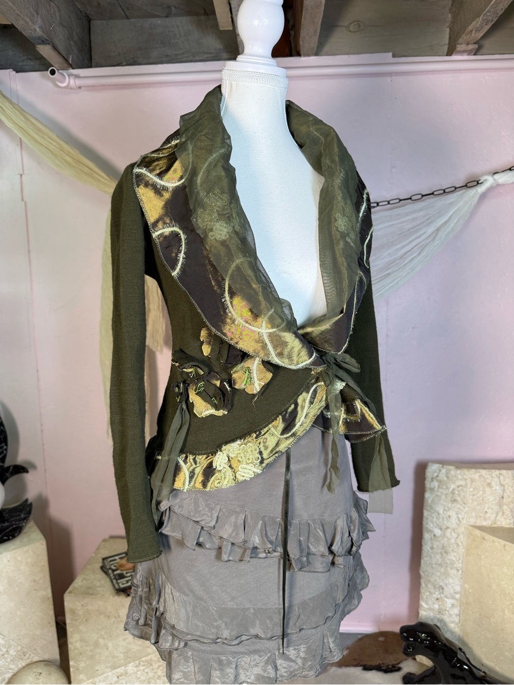 Y2K Fairy Grunge Olive Patchwork Wrap Cardigan Top Size M
